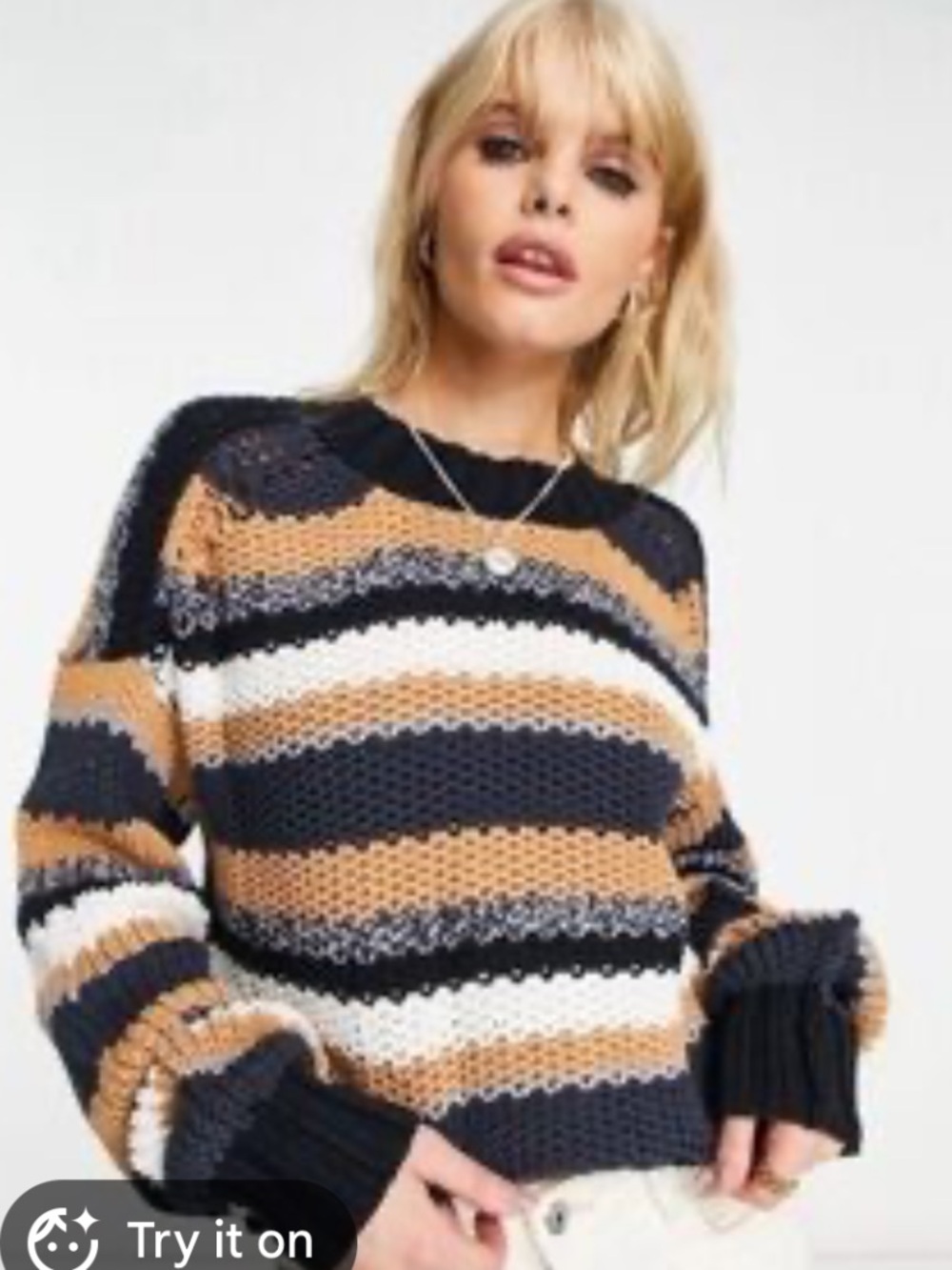 Free People Striped Open-Knit Crewneck Sweater in Navy, Mustard & White